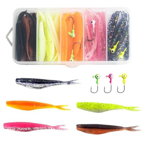 QCYFJZFU Gummishads Forellenköder Set, 30 Stück Gummiköder mit Jigköpfe, Drop Shot Gummifische...